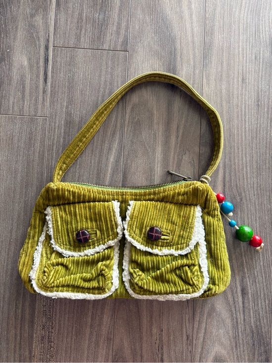 American Eagle Outfitters Handbags - Vintage American Eagle Outfitters Olive Corduroy Shoulder Bag with Beaded Charm